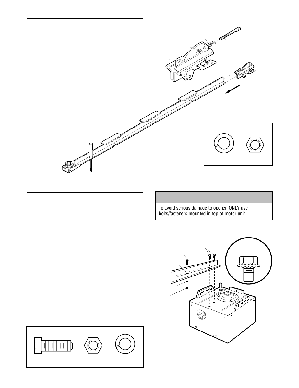 Install the trolley on the t-rail, Fasten the t-rail to the opener, Warning caution warning warning | Assembly step 2, Assembly step 3, Install the trolley, Fasten the t-rail to the motor unit | Chamberlain CG40 User Manual | Page 9 / 40