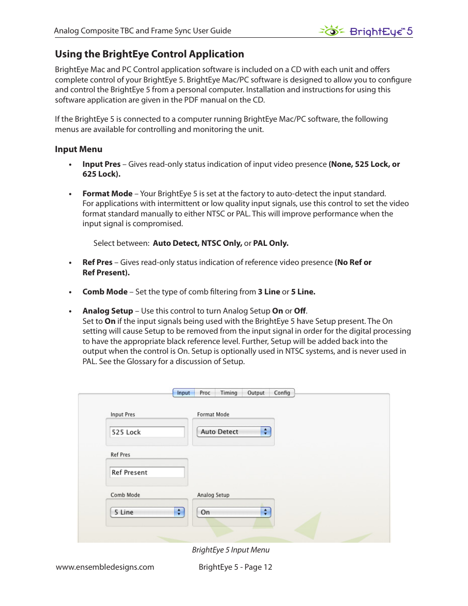 Using the brighteye control application, Input menu | Ensemble Designs BrightEye 5 Analog Composite TBC and Frame Sync User Manual | Page 12 / 28