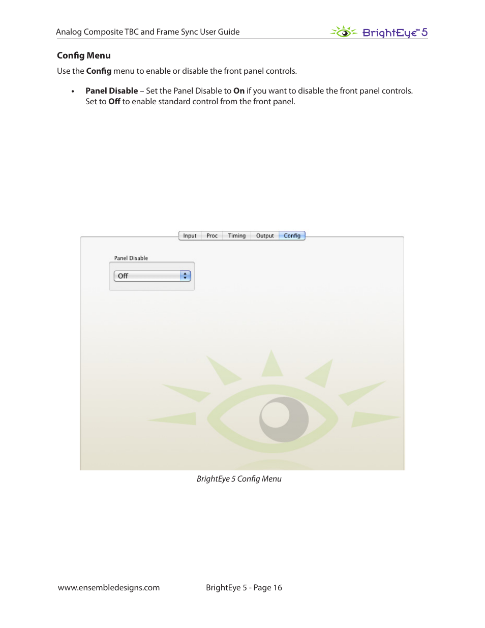 Config menu | Ensemble Designs BrightEye 5 Analog Composite TBC and Frame Sync User Manual | Page 16 / 28