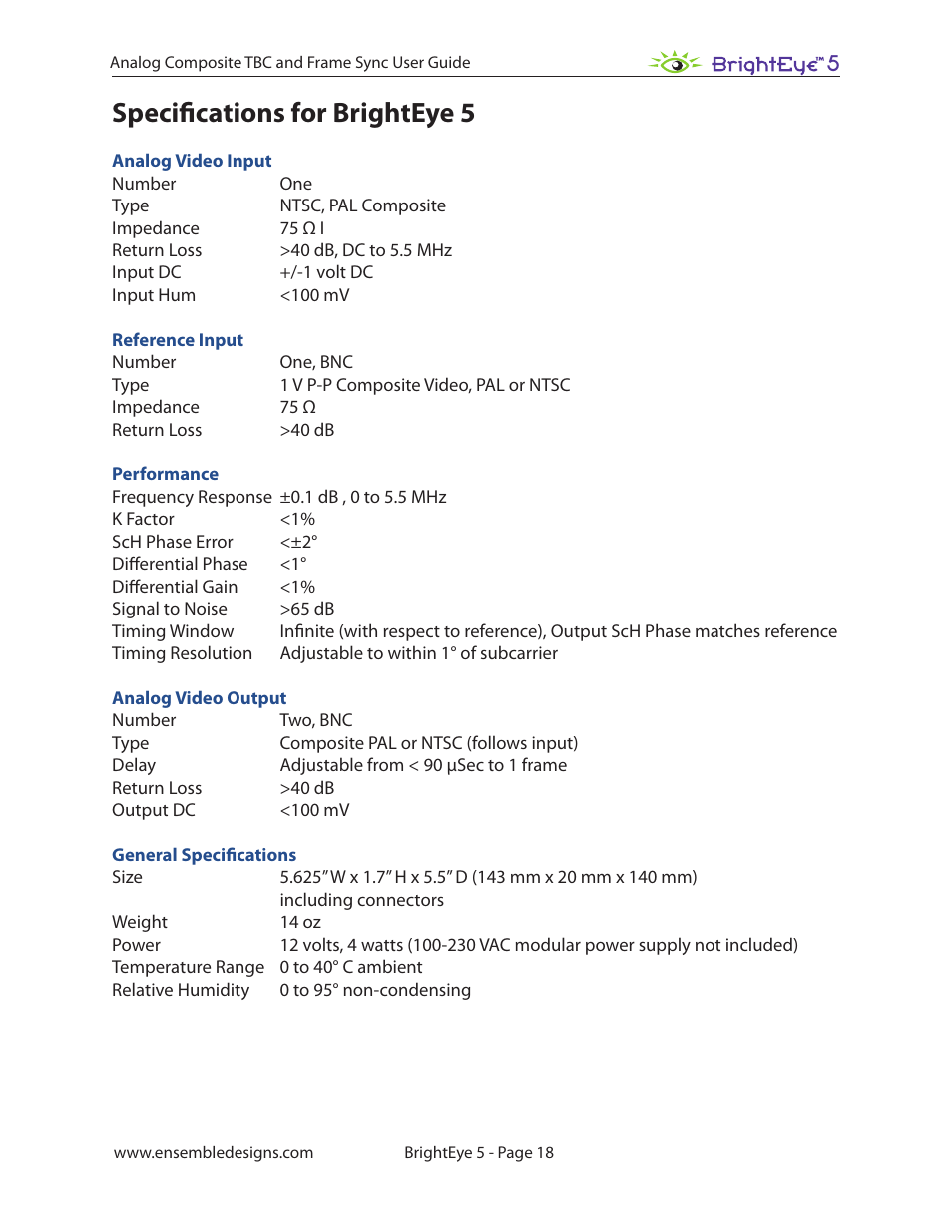 Specifications for brighteye 5 | Ensemble Designs BrightEye 5 Analog Composite TBC and Frame Sync User Manual | Page 18 / 28
