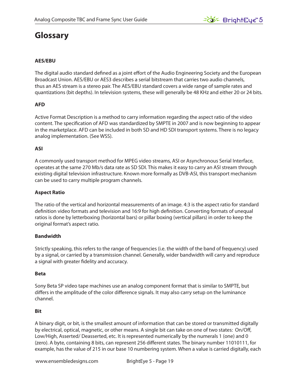 Glossary, Glossary 19 | Ensemble Designs BrightEye 5 Analog Composite TBC and Frame Sync User Manual | Page 19 / 28