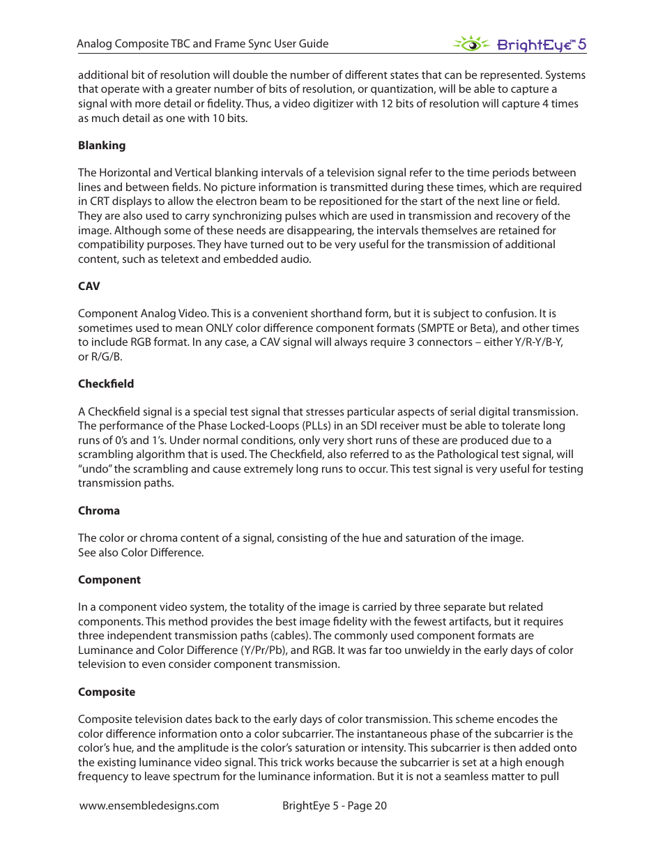 Ensemble Designs BrightEye 5 Analog Composite TBC and Frame Sync User Manual | Page 20 / 28