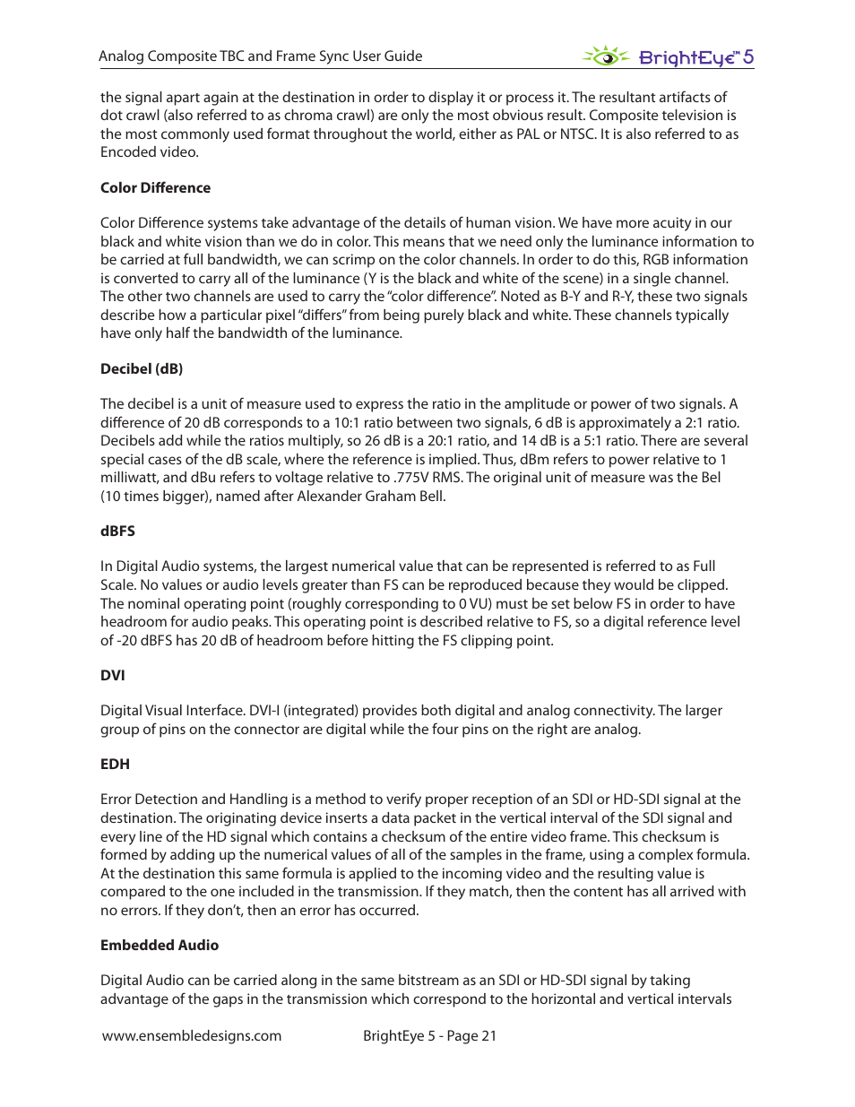 Ensemble Designs BrightEye 5 Analog Composite TBC and Frame Sync User Manual | Page 21 / 28