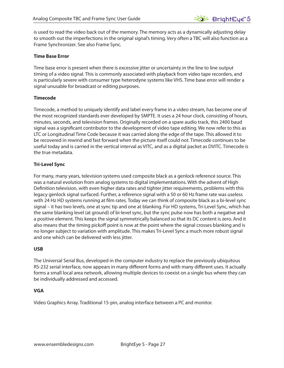 Ensemble Designs BrightEye 5 Analog Composite TBC and Frame Sync User Manual | Page 27 / 28