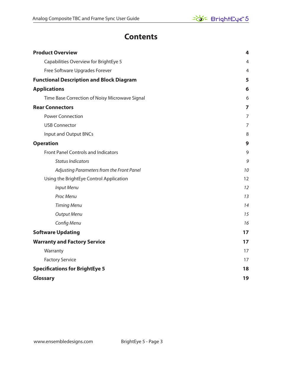 Ensemble Designs BrightEye 5 Analog Composite TBC and Frame Sync User Manual | Page 3 / 28