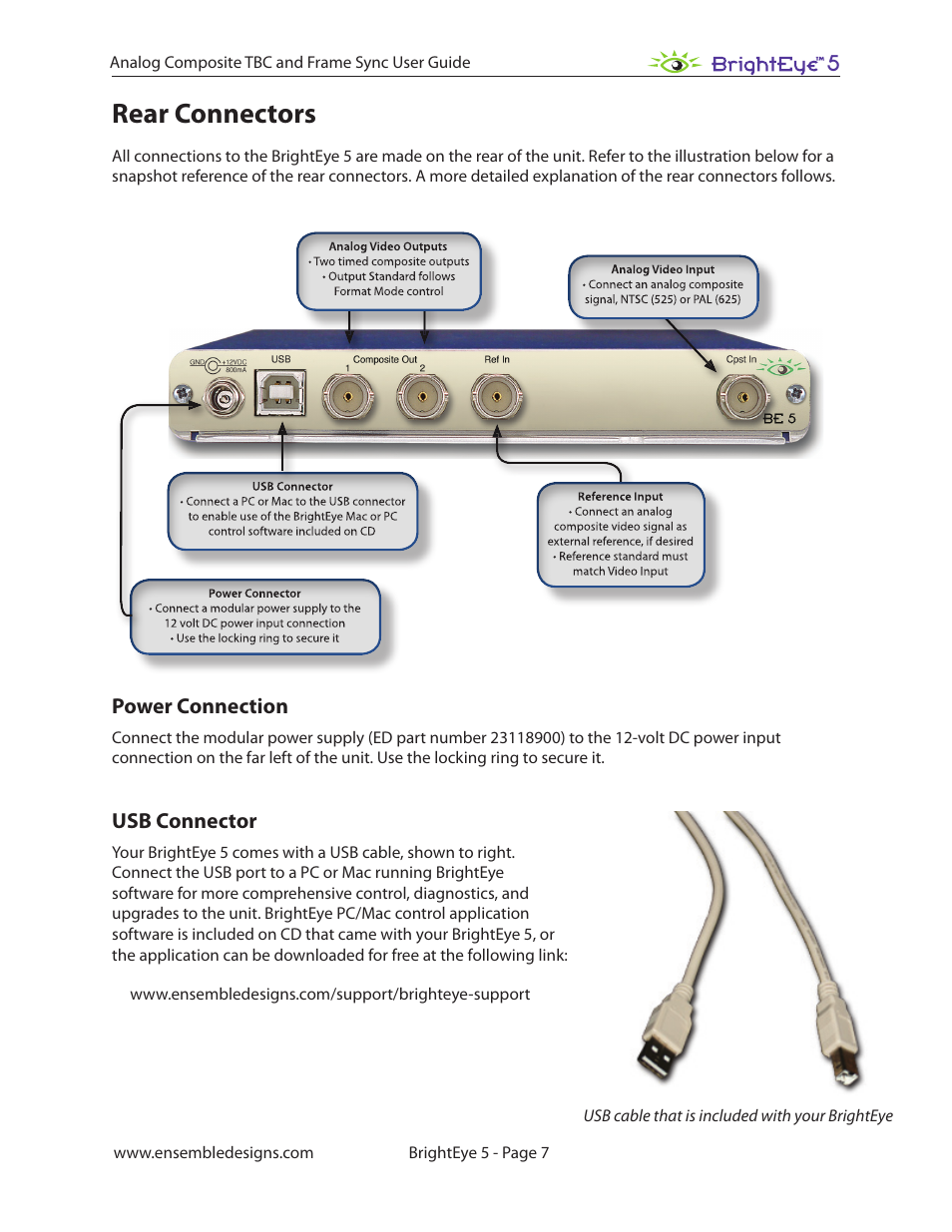 Rear connectors, Power connection, Usb connector | Ensemble Designs BrightEye 5 Analog Composite TBC and Frame Sync User Manual | Page 7 / 28