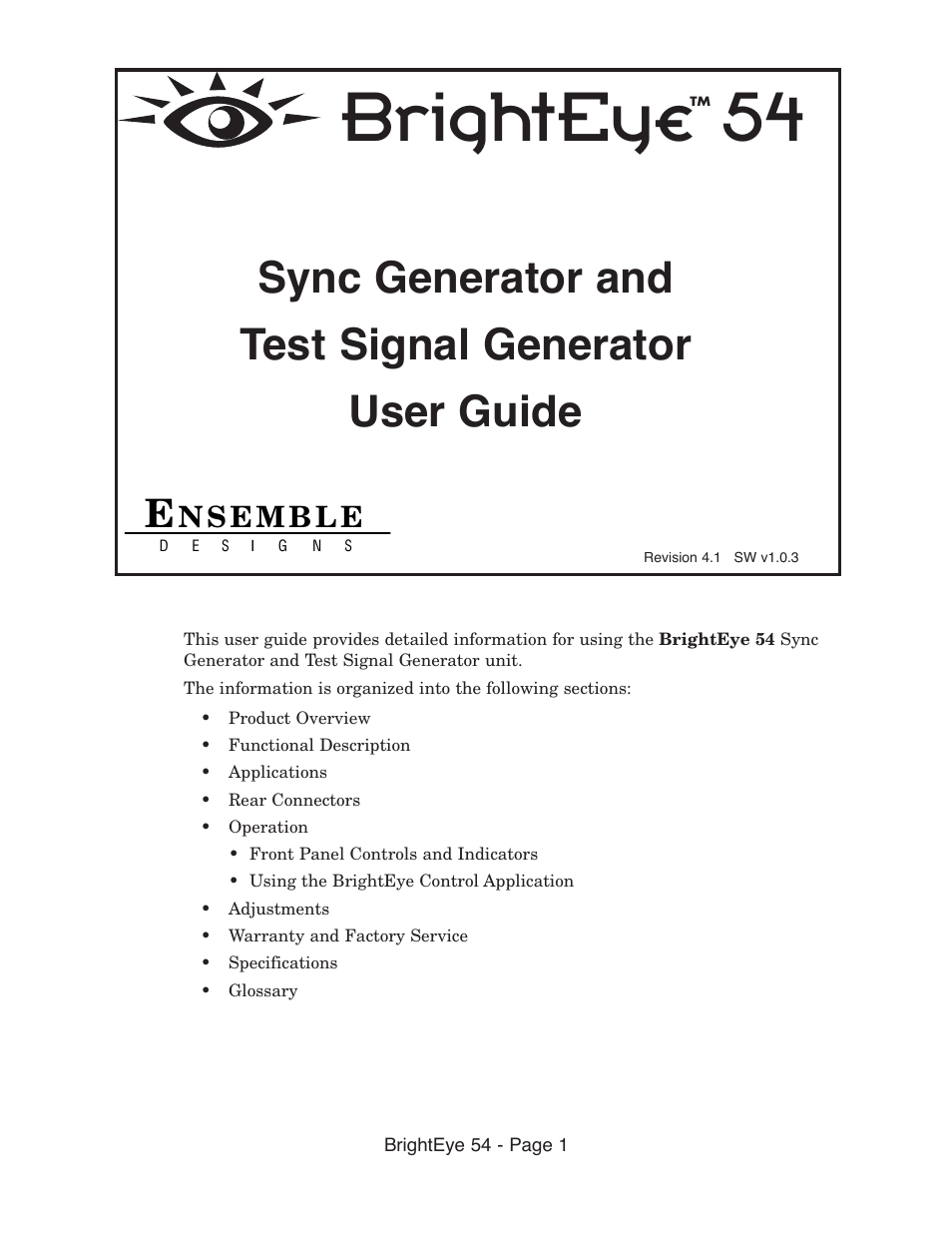 Ensemble Designs BrightEye 54 Sync Generator and Test Signal Generator User Manual | 24 pages