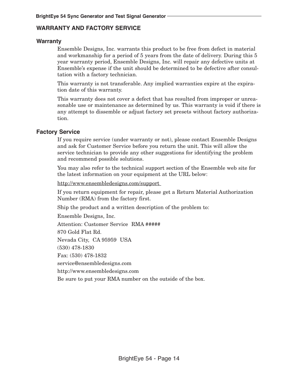 Ensemble Designs BrightEye 54 Sync Generator and Test Signal Generator User Manual | Page 14 / 24