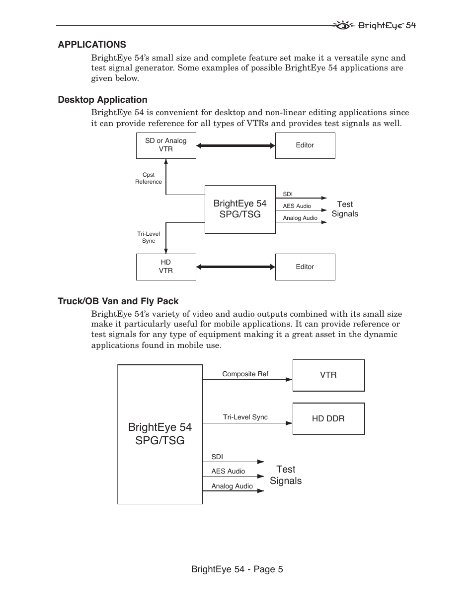 Brighteye 54 spg/tsg, Test signals | Ensemble Designs BrightEye 54 Sync Generator and Test Signal Generator User Manual | Page 5 / 24
