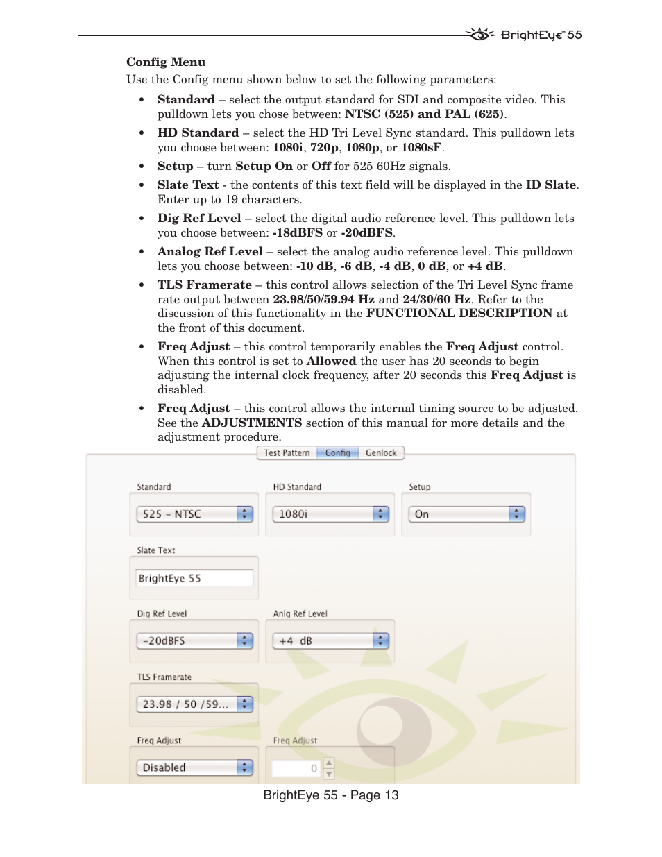 Ensemble Designs BrightEye 55 Genlockable Sync Generator and Test Signal Generator User Manual | Page 13 / 26