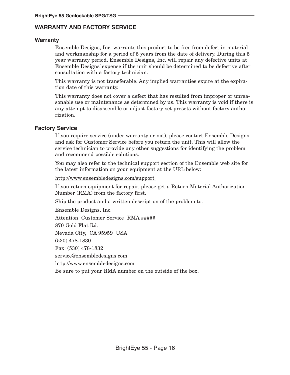 Ensemble Designs BrightEye 55 Genlockable Sync Generator and Test Signal Generator User Manual | Page 16 / 26