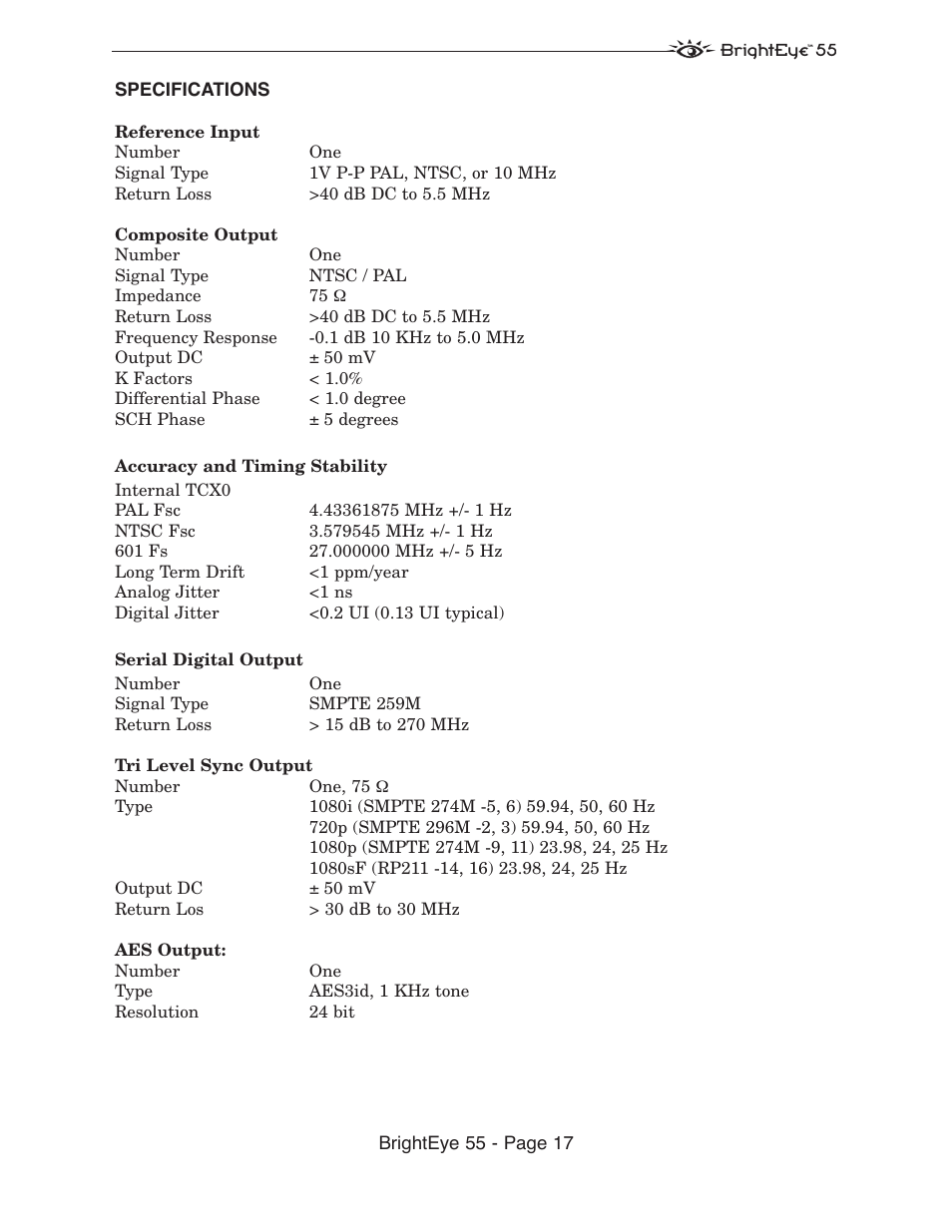 Ensemble Designs BrightEye 55 Genlockable Sync Generator and Test Signal Generator User Manual | Page 17 / 26