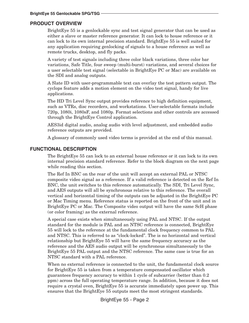 Ensemble Designs BrightEye 55 Genlockable Sync Generator and Test Signal Generator User Manual | Page 2 / 26