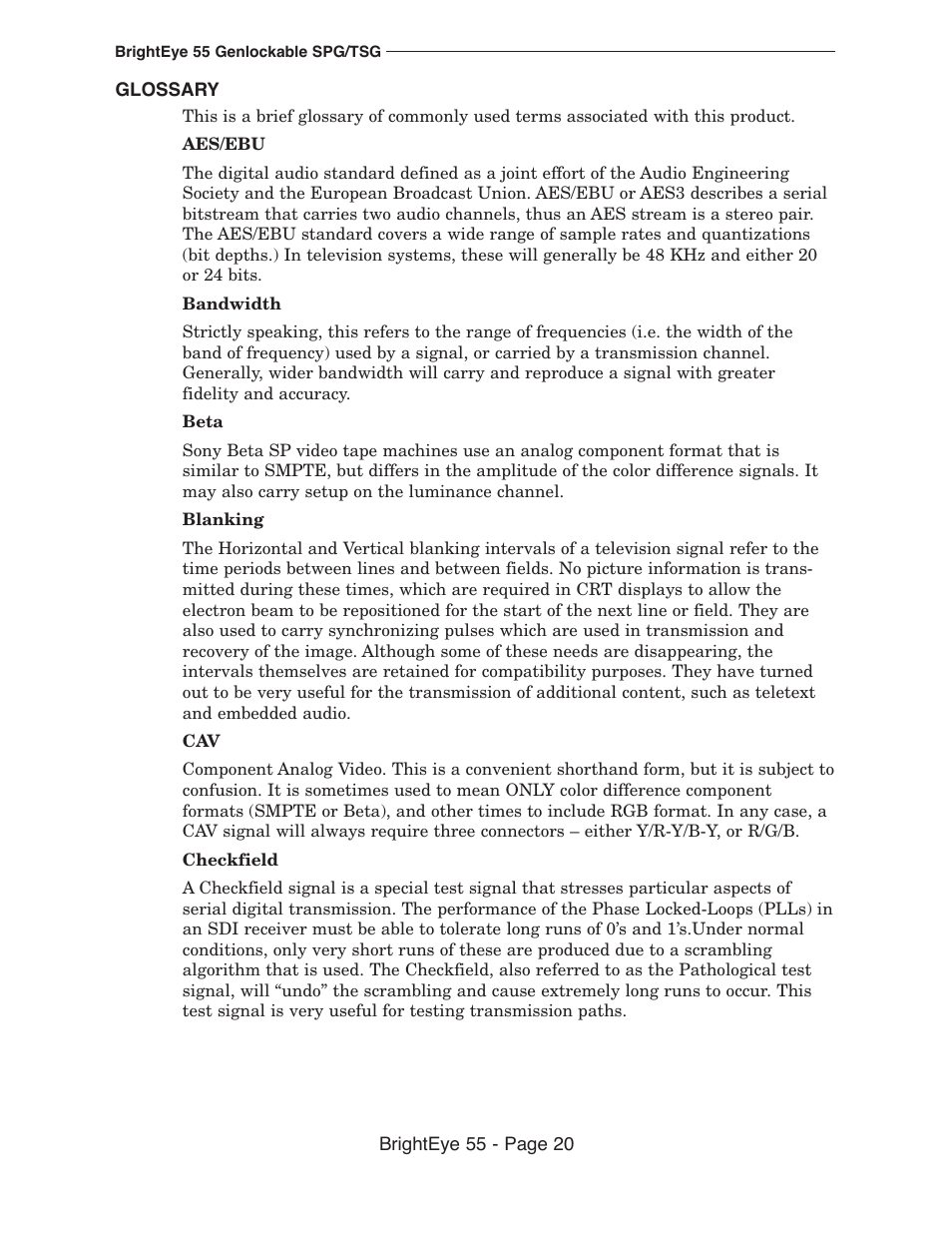 Ensemble Designs BrightEye 55 Genlockable Sync Generator and Test Signal Generator User Manual | Page 20 / 26