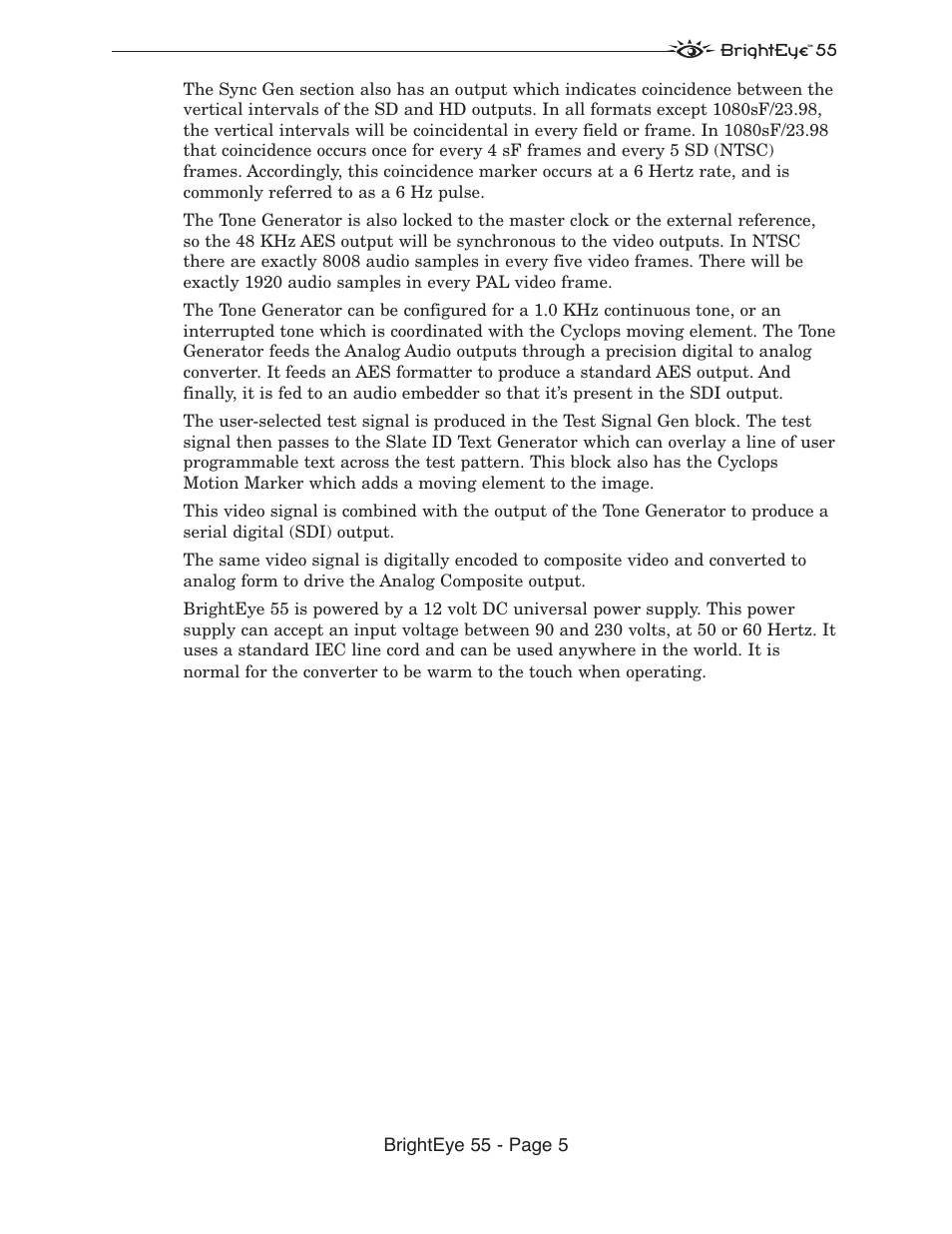 Brighteye 55 - page 5 | Ensemble Designs BrightEye 55 Genlockable Sync Generator and Test Signal Generator User Manual | Page 5 / 26