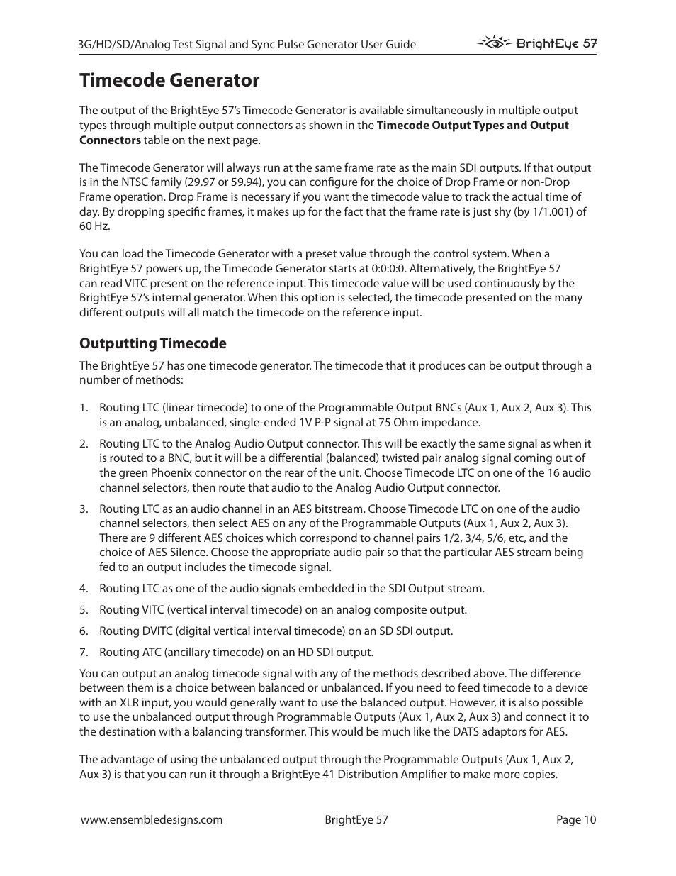 Timecode generator, Outputting timecode | Ensemble Designs BrightEye 57 3G/HD/SD/Analog Test Signal and Sync Pulse Generator User Manual | Page 10 / 48