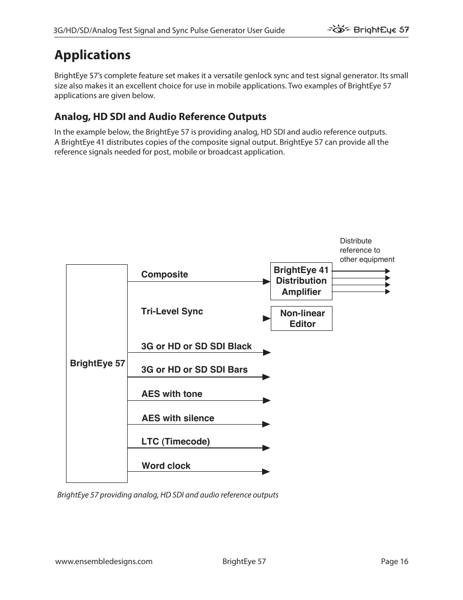 Applications, Analog, hd sdi and audio reference outputs, Applications 16 | Ensemble Designs BrightEye 57 3G/HD/SD/Analog Test Signal and Sync Pulse Generator User Manual | Page 16 / 48