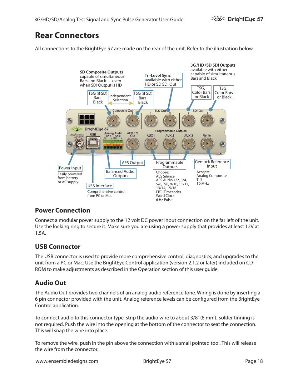 Rear connectors, Power connection, Usb connector | Audio out | Ensemble Designs BrightEye 57 3G/HD/SD/Analog Test Signal and Sync Pulse Generator User Manual | Page 18 / 48