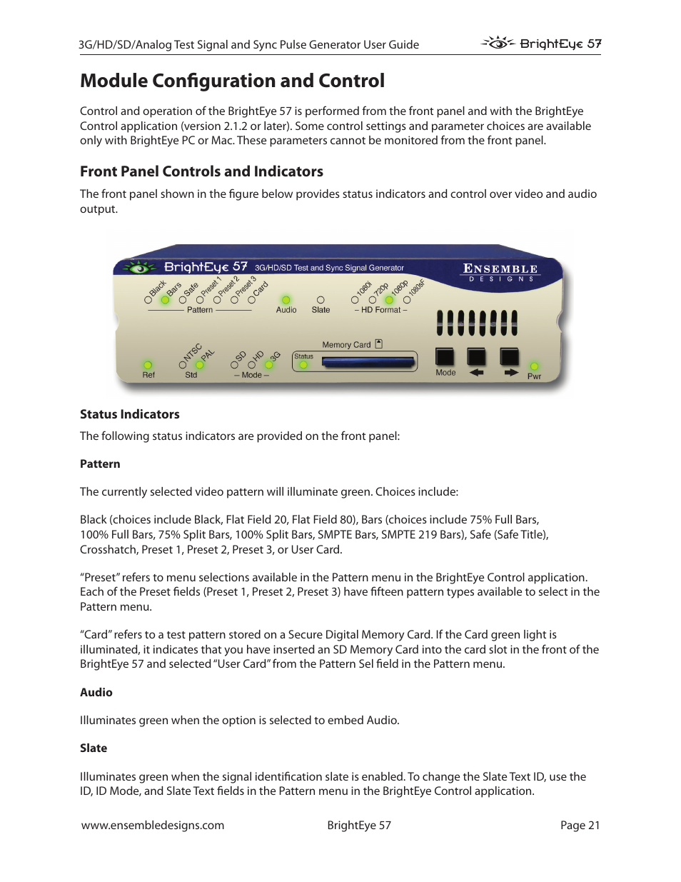 Module configuration and control, Front panel controls and indicators, Status indicators | Ensemble Designs BrightEye 57 3G/HD/SD/Analog Test Signal and Sync Pulse Generator User Manual | Page 21 / 48