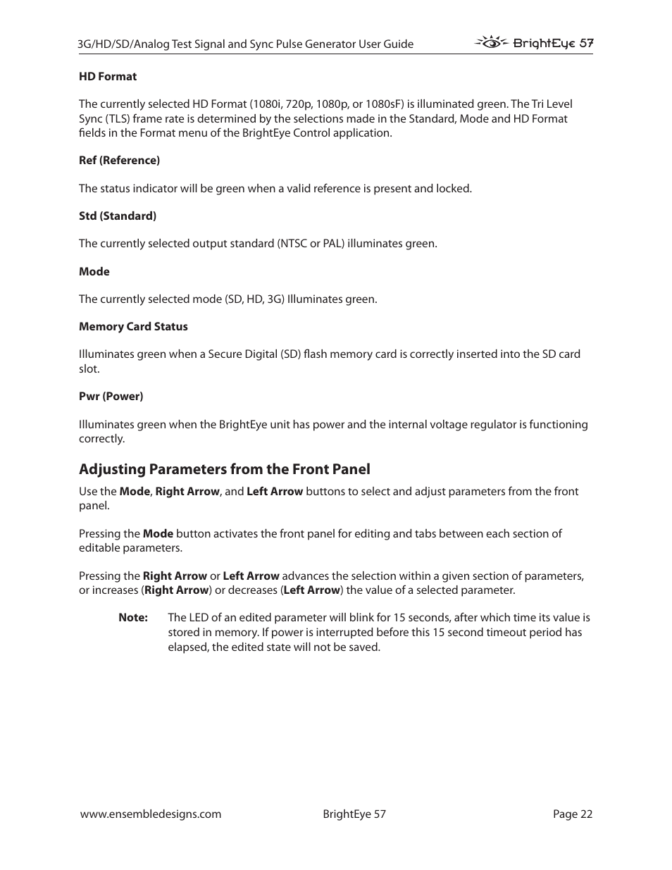 Adjusting parameters from the front panel | Ensemble Designs BrightEye 57 3G/HD/SD/Analog Test Signal and Sync Pulse Generator User Manual | Page 22 / 48