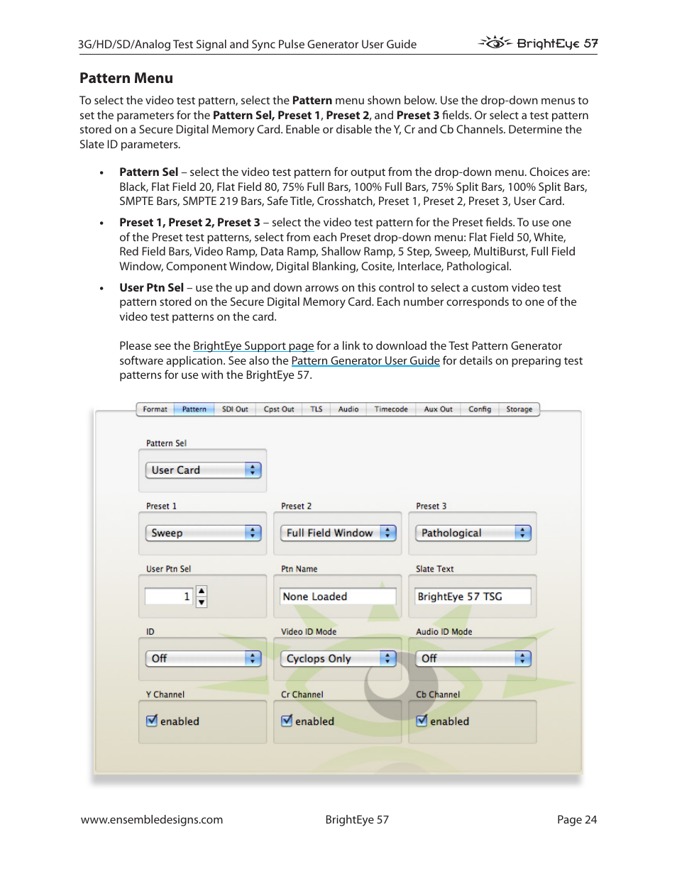 Pattern menu | Ensemble Designs BrightEye 57 3G/HD/SD/Analog Test Signal and Sync Pulse Generator User Manual | Page 24 / 48