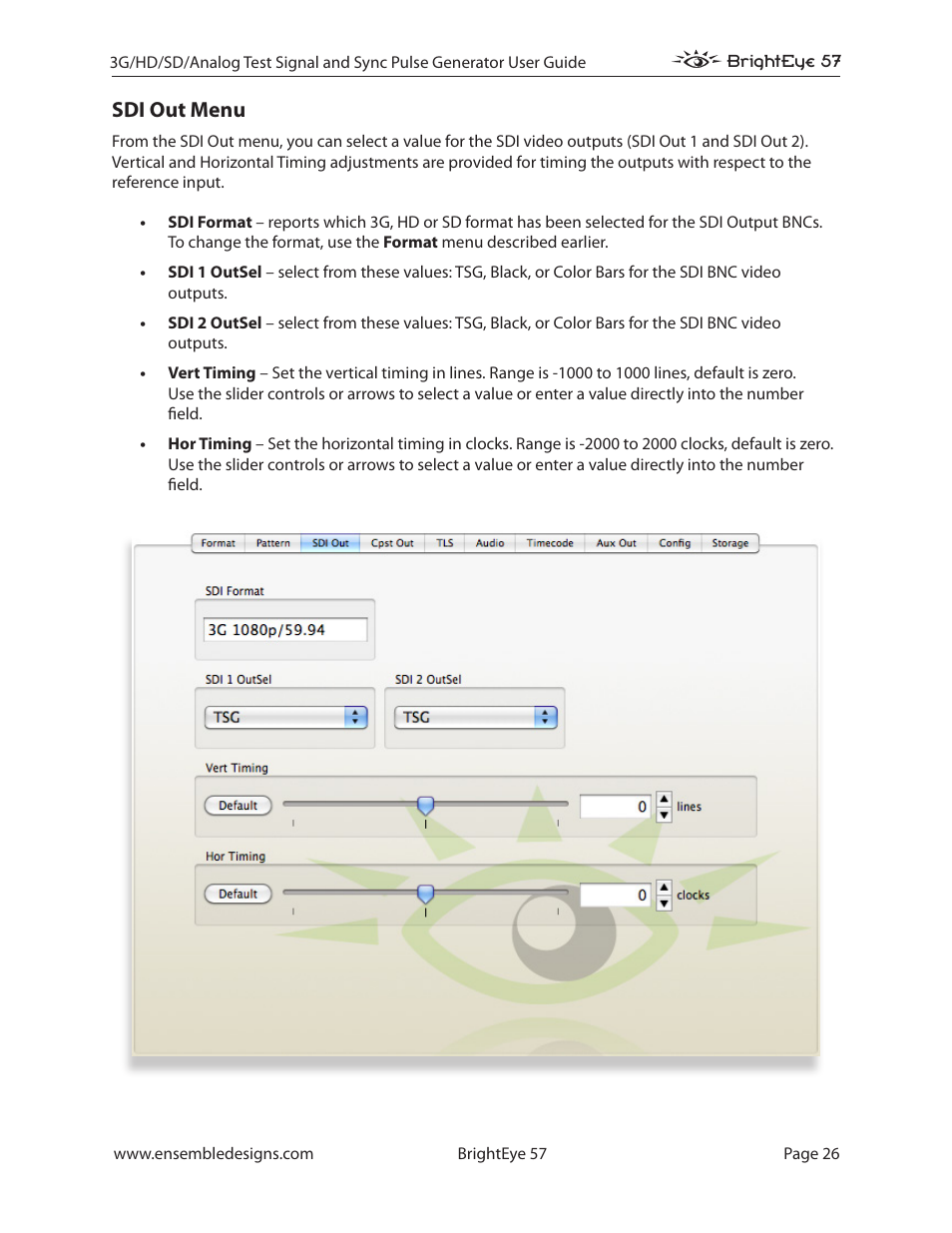 Sdi out menu | Ensemble Designs BrightEye 57 3G/HD/SD/Analog Test Signal and Sync Pulse Generator User Manual | Page 26 / 48