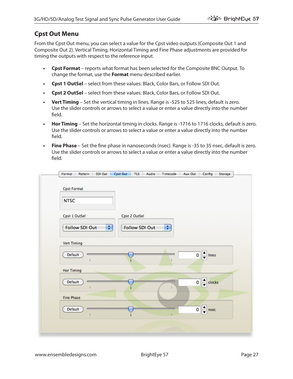 Cpst out menu | Ensemble Designs BrightEye 57 3G/HD/SD/Analog Test Signal and Sync Pulse Generator User Manual | Page 27 / 48