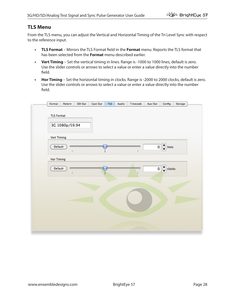 Tls menu | Ensemble Designs BrightEye 57 3G/HD/SD/Analog Test Signal and Sync Pulse Generator User Manual | Page 28 / 48