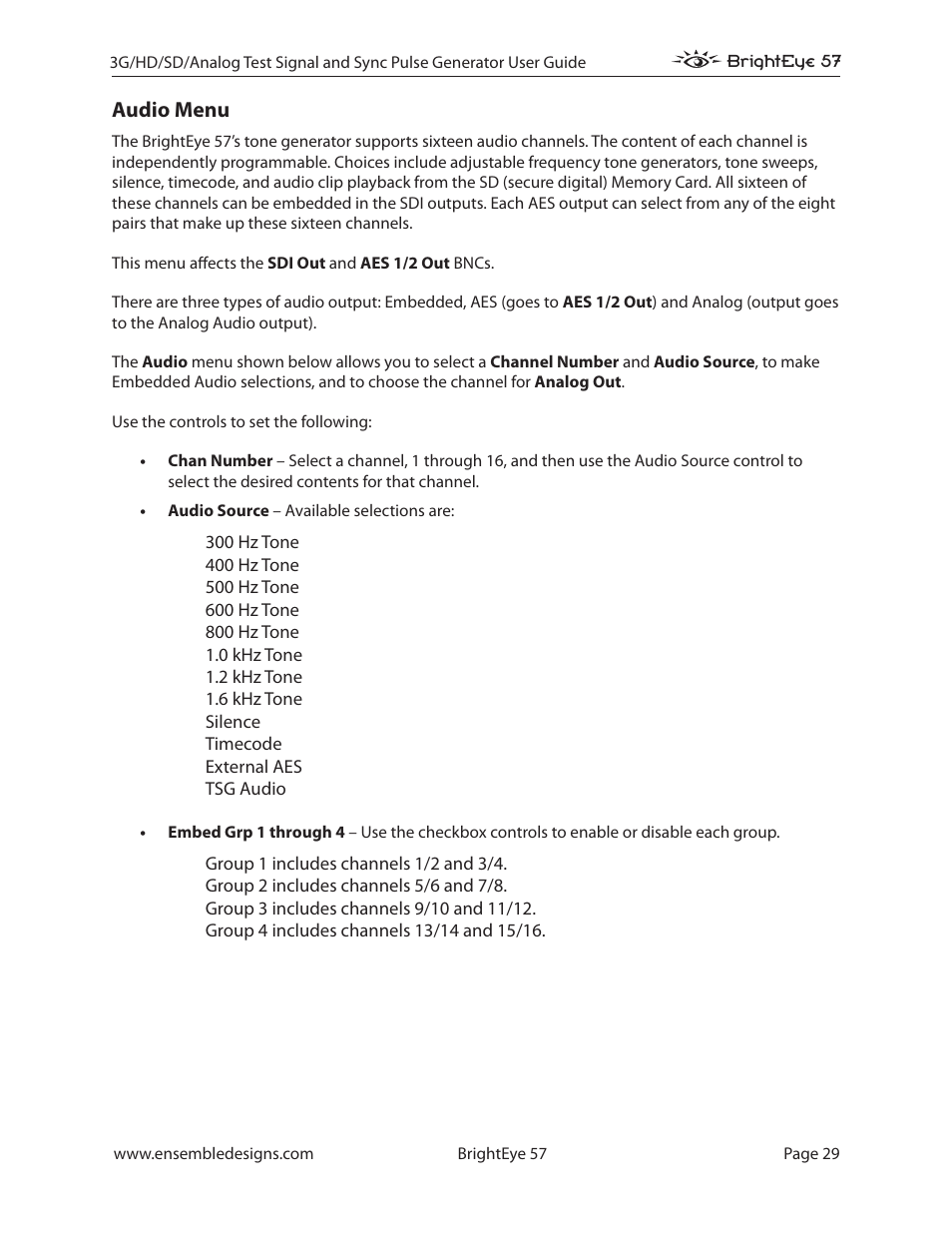 Audio menu | Ensemble Designs BrightEye 57 3G/HD/SD/Analog Test Signal and Sync Pulse Generator User Manual | Page 29 / 48