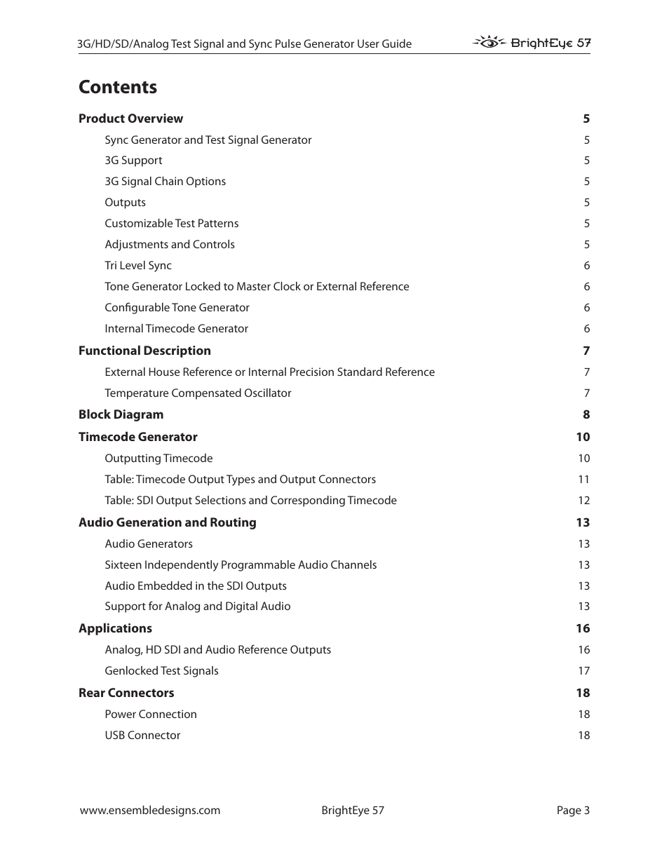 Ensemble Designs BrightEye 57 3G/HD/SD/Analog Test Signal and Sync Pulse Generator User Manual | Page 3 / 48