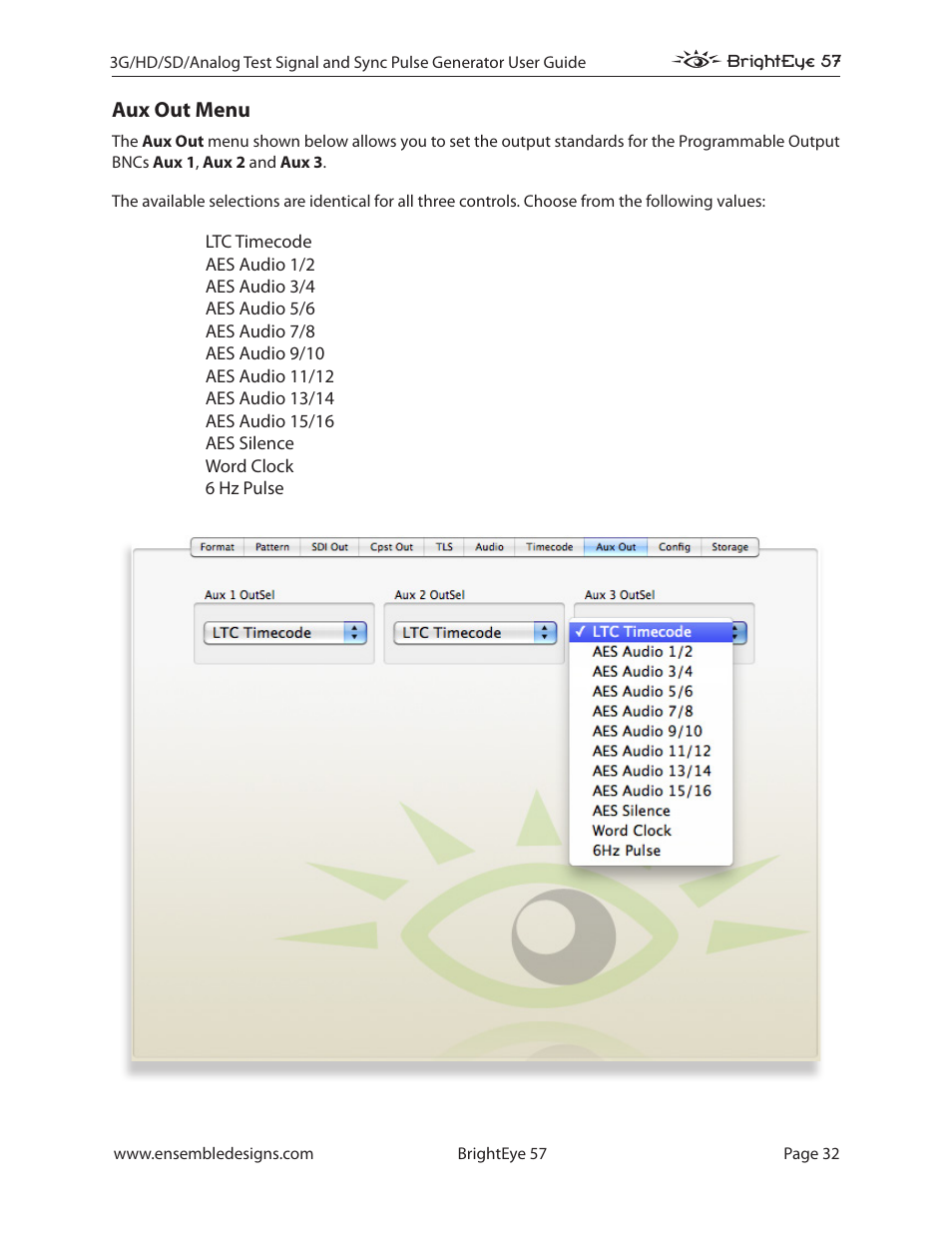 Aux out menu | Ensemble Designs BrightEye 57 3G/HD/SD/Analog Test Signal and Sync Pulse Generator User Manual | Page 32 / 48
