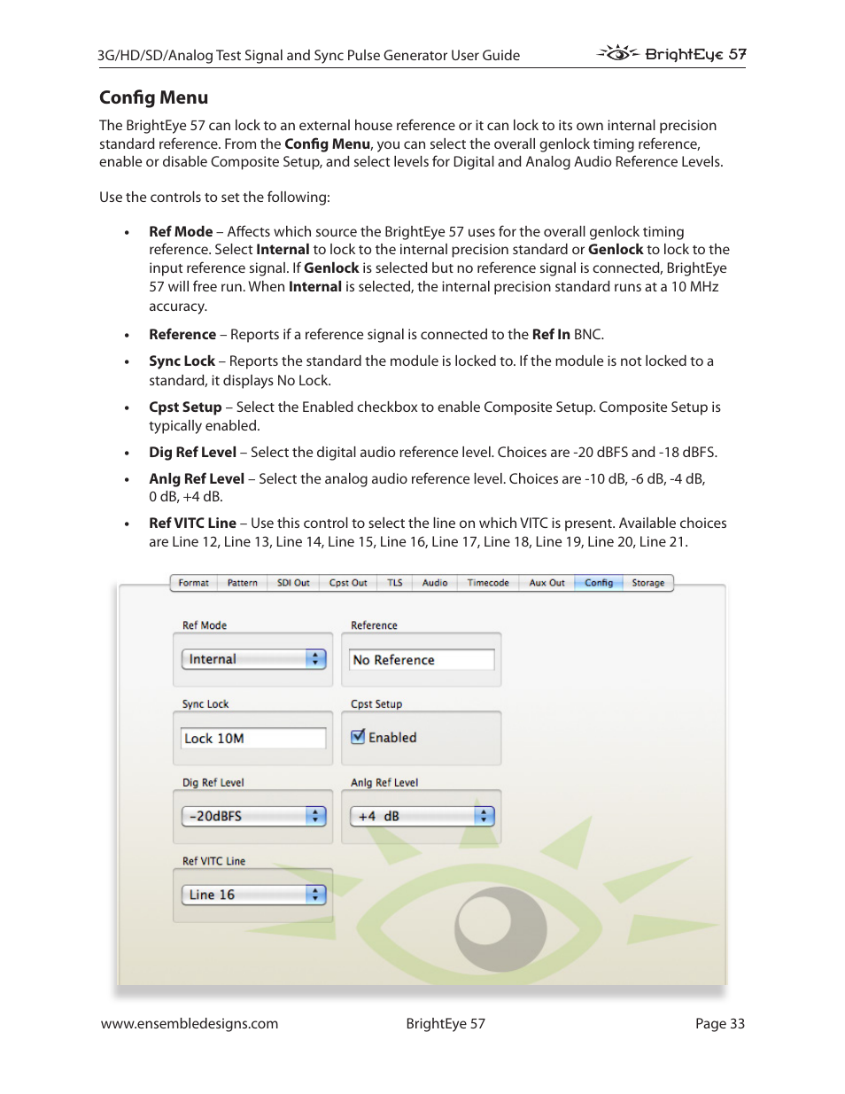 Config menu | Ensemble Designs BrightEye 57 3G/HD/SD/Analog Test Signal and Sync Pulse Generator User Manual | Page 33 / 48