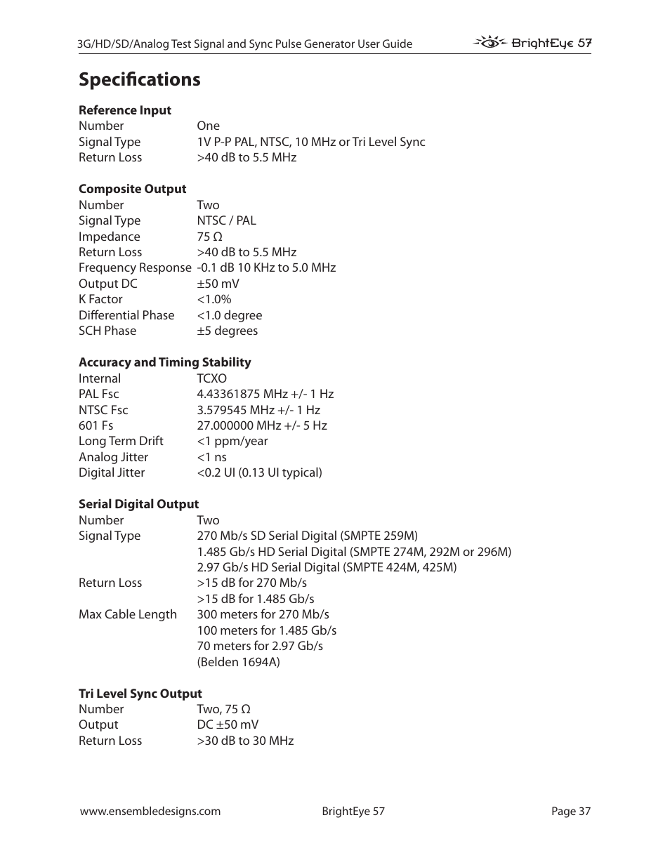 Specifications, Specifications 37 | Ensemble Designs BrightEye 57 3G/HD/SD/Analog Test Signal and Sync Pulse Generator User Manual | Page 37 / 48