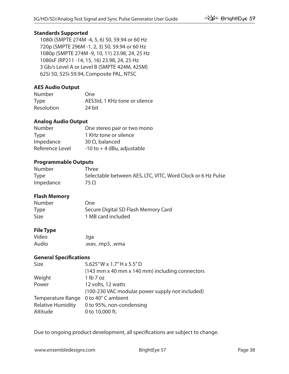 Ensemble Designs BrightEye 57 3G/HD/SD/Analog Test Signal and Sync Pulse Generator User Manual | Page 38 / 48