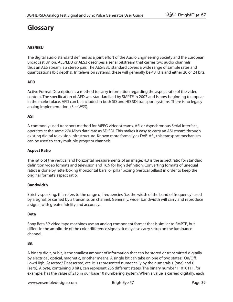 Glossary, Glossary 39 | Ensemble Designs BrightEye 57 3G/HD/SD/Analog Test Signal and Sync Pulse Generator User Manual | Page 39 / 48