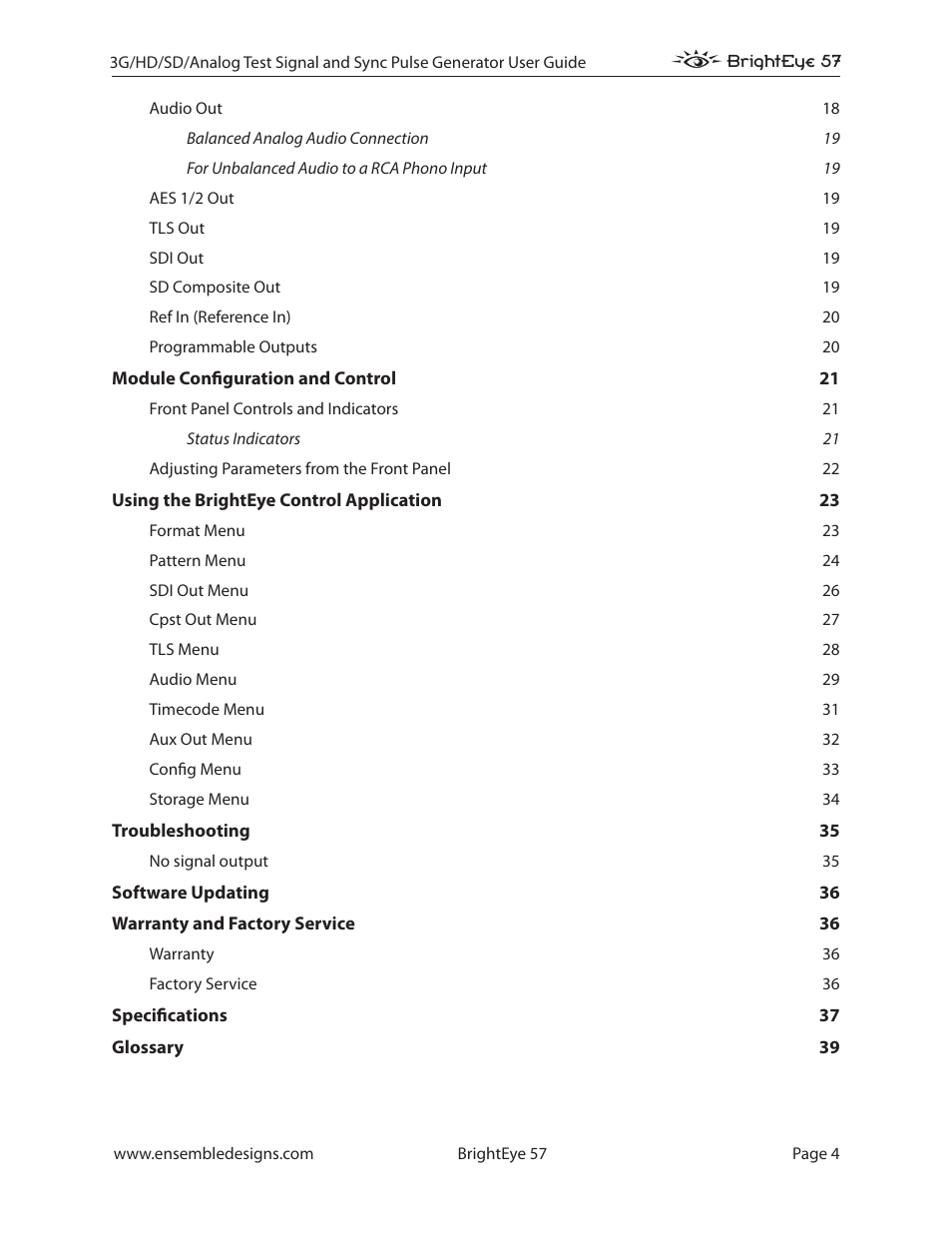 Ensemble Designs BrightEye 57 3G/HD/SD/Analog Test Signal and Sync Pulse Generator User Manual | Page 4 / 48