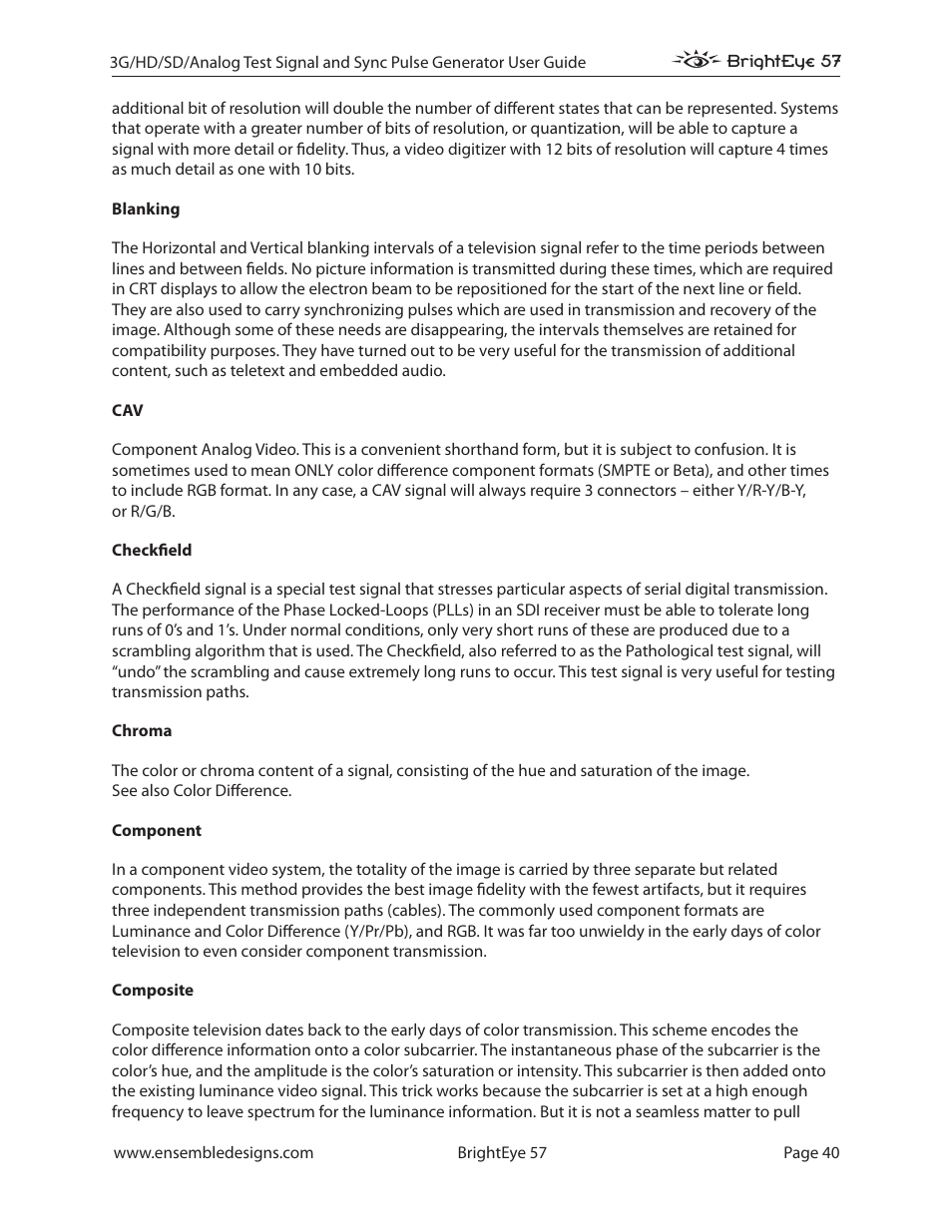Ensemble Designs BrightEye 57 3G/HD/SD/Analog Test Signal and Sync Pulse Generator User Manual | Page 40 / 48