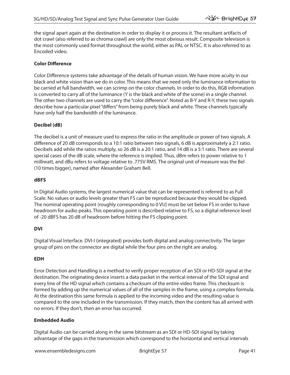 Ensemble Designs BrightEye 57 3G/HD/SD/Analog Test Signal and Sync Pulse Generator User Manual | Page 41 / 48