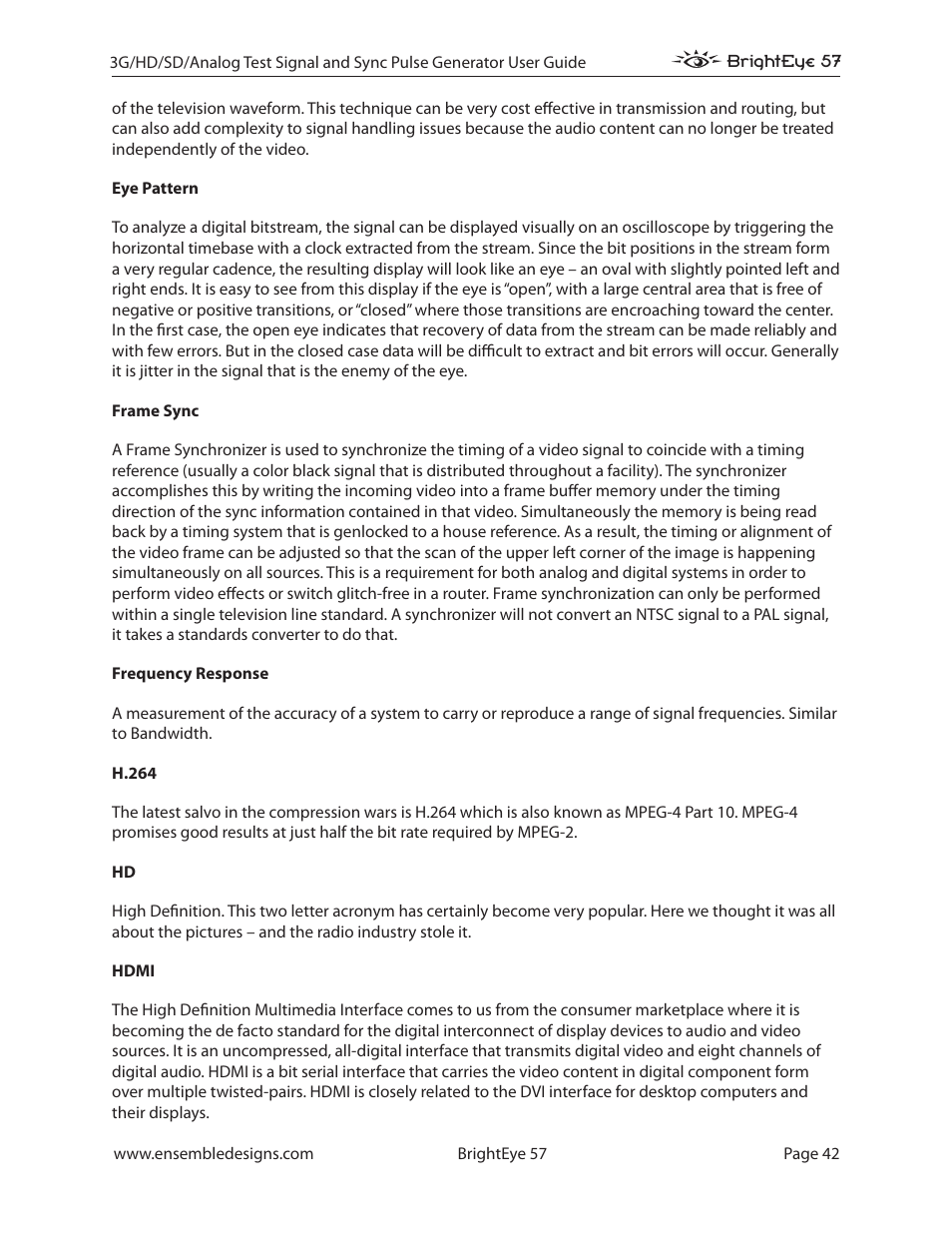 Ensemble Designs BrightEye 57 3G/HD/SD/Analog Test Signal and Sync Pulse Generator User Manual | Page 42 / 48
