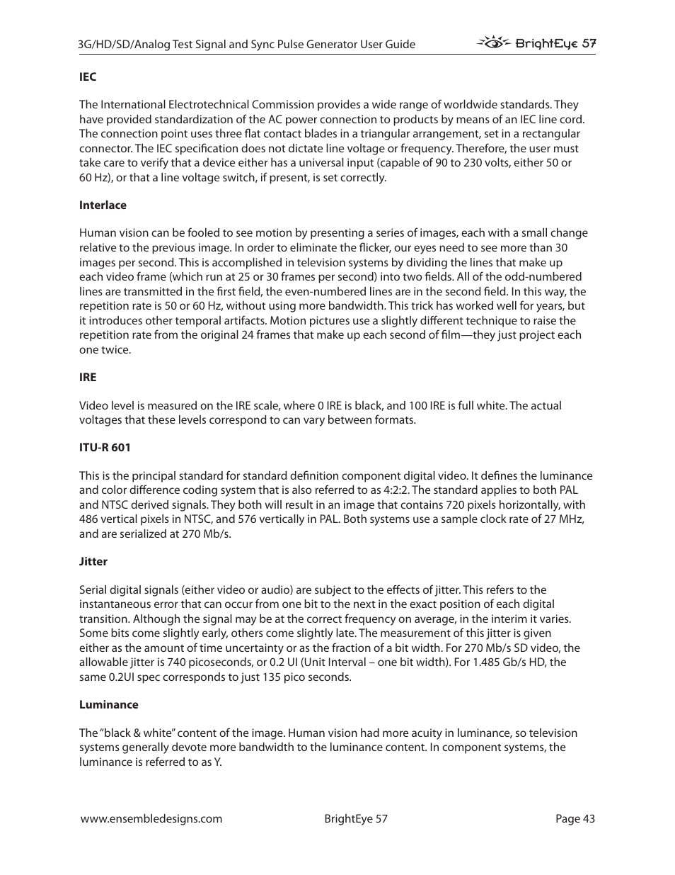 Ensemble Designs BrightEye 57 3G/HD/SD/Analog Test Signal and Sync Pulse Generator User Manual | Page 43 / 48