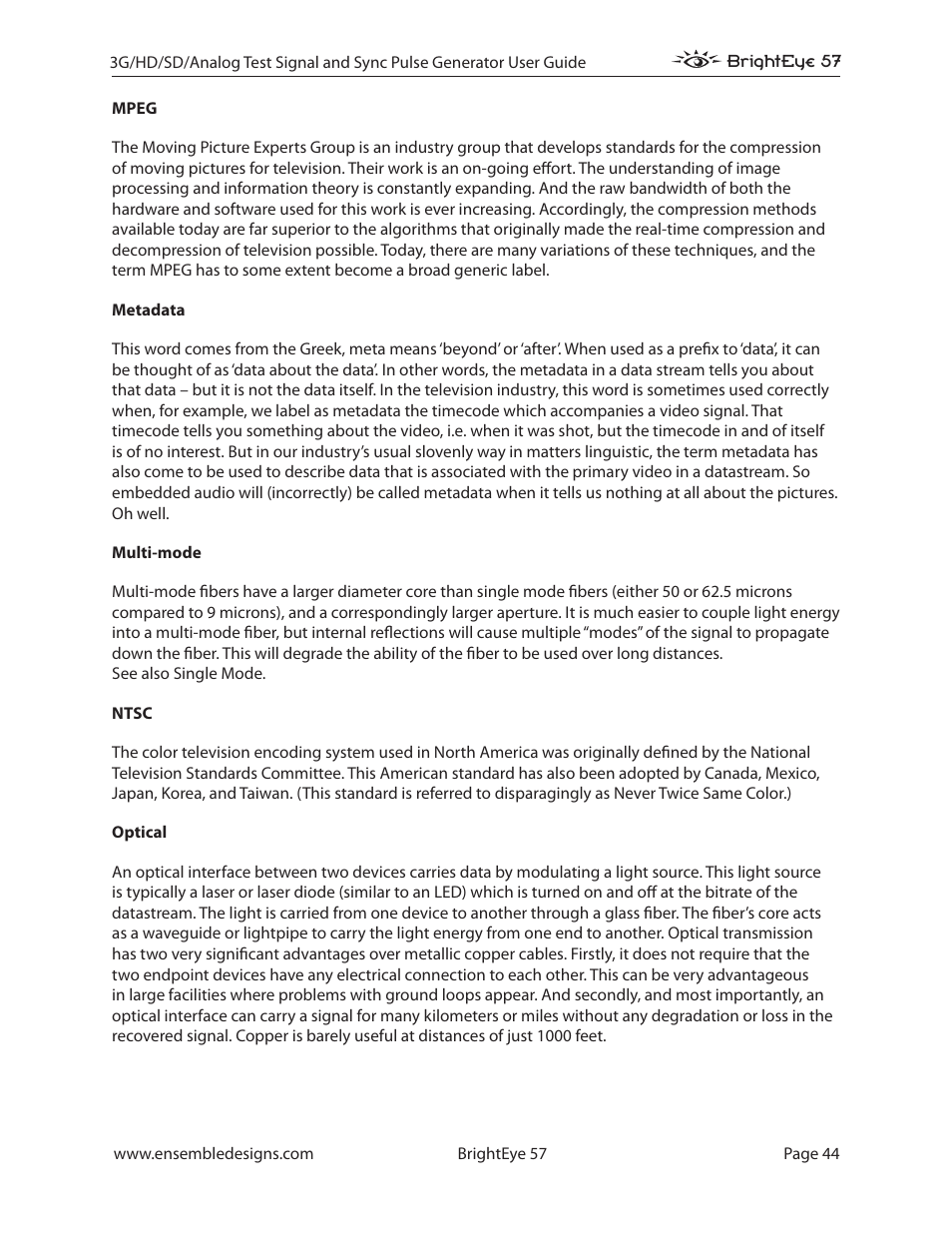 Ensemble Designs BrightEye 57 3G/HD/SD/Analog Test Signal and Sync Pulse Generator User Manual | Page 44 / 48