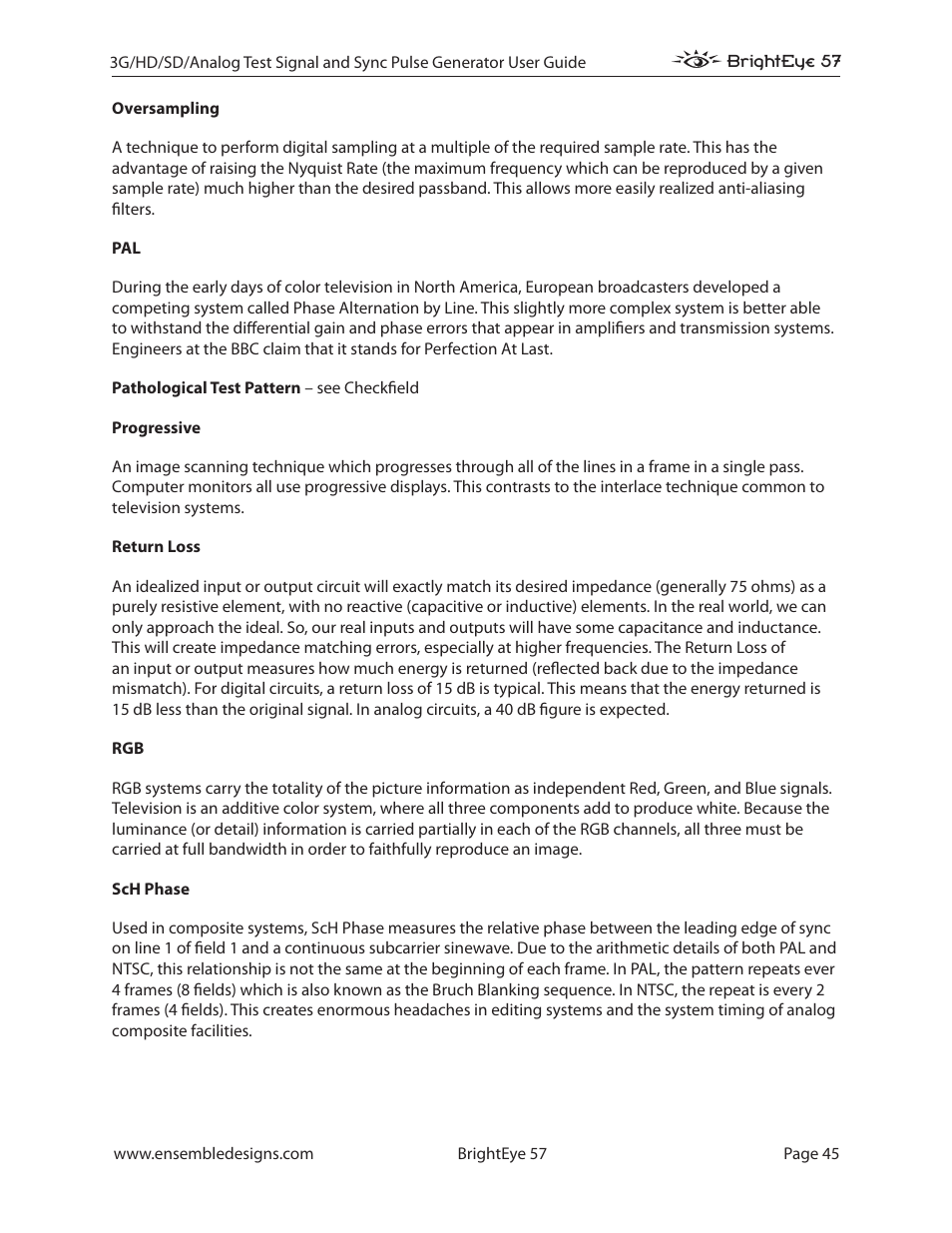 Ensemble Designs BrightEye 57 3G/HD/SD/Analog Test Signal and Sync Pulse Generator User Manual | Page 45 / 48