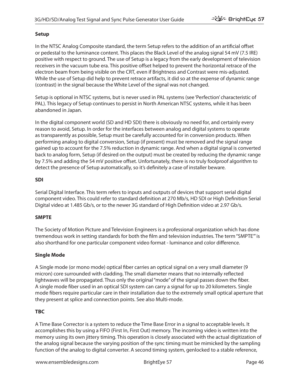 Ensemble Designs BrightEye 57 3G/HD/SD/Analog Test Signal and Sync Pulse Generator User Manual | Page 46 / 48