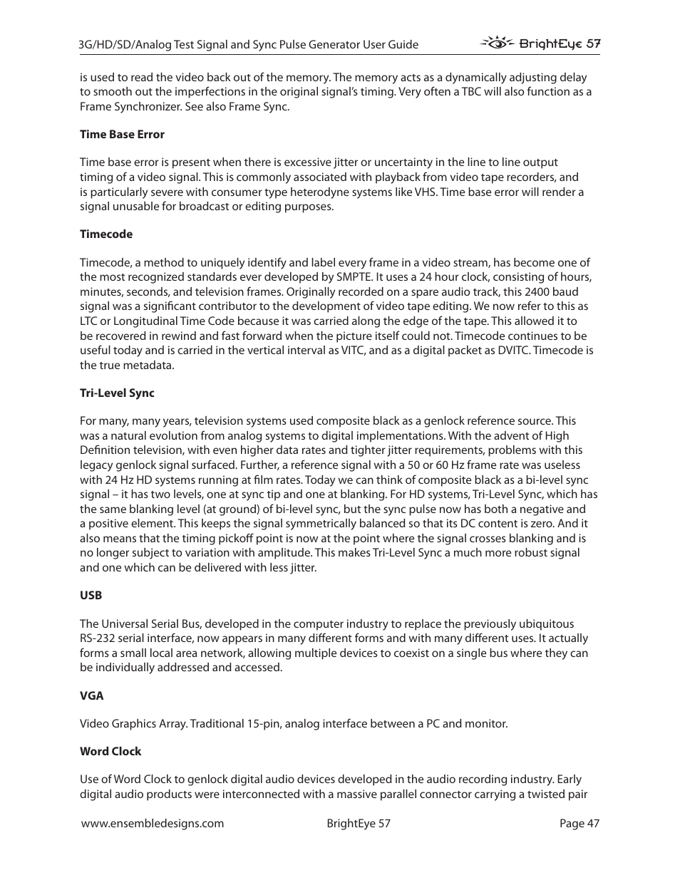 Ensemble Designs BrightEye 57 3G/HD/SD/Analog Test Signal and Sync Pulse Generator User Manual | Page 47 / 48