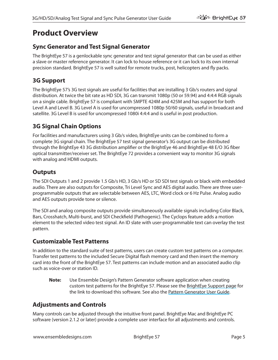 Product overview, Sync generator and test signal generator, 3g support | 3g signal chain options, Outputs, Customizable test patterns, Adjustments and controls, Outputs 5 | Ensemble Designs BrightEye 57 3G/HD/SD/Analog Test Signal and Sync Pulse Generator User Manual | Page 5 / 48