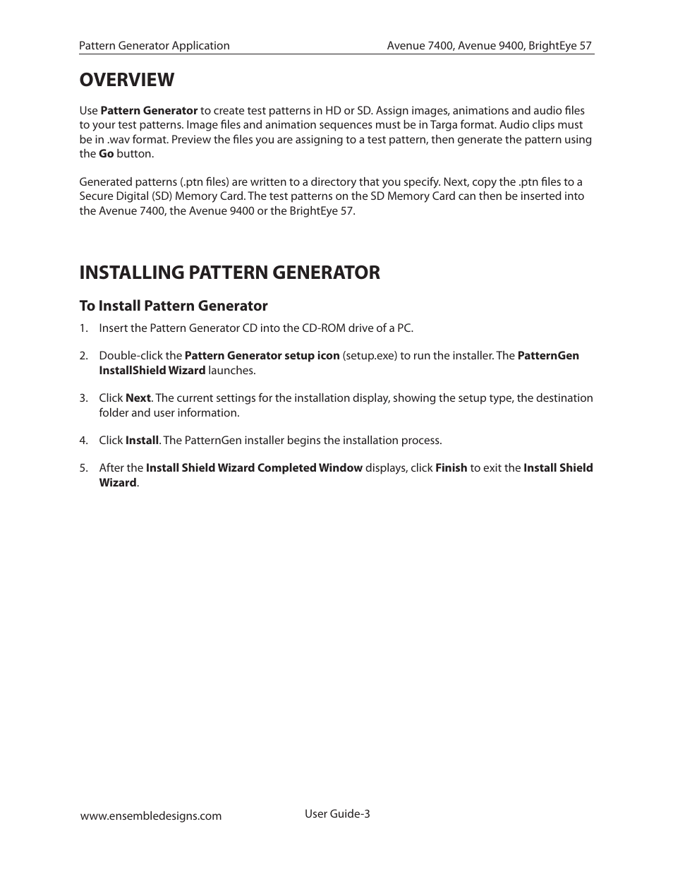 Overview, Installing pattern generator, To install pattern generator | Ensemble Designs BrightEye 57 3G/HD/SD/Analog Test Signal and Sync Pulse Generator User Manual | Page 3 / 8