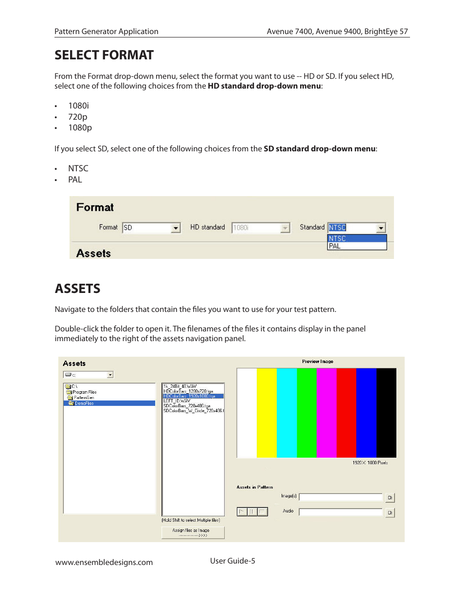 Select format, Assets | Ensemble Designs BrightEye 57 3G/HD/SD/Analog Test Signal and Sync Pulse Generator User Manual | Page 5 / 8