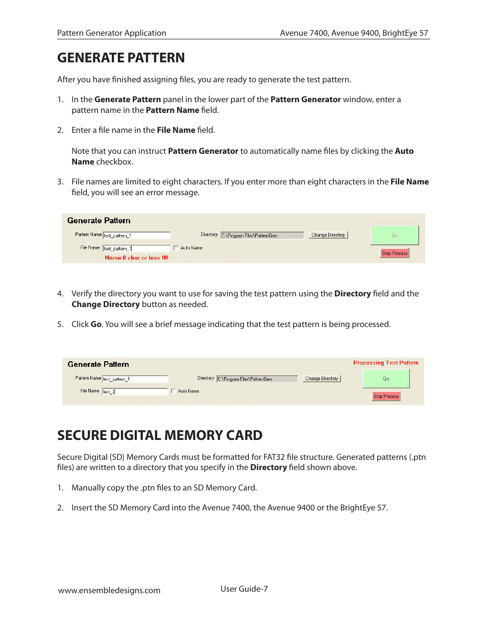 Generate pattern, Secure digital memory card | Ensemble Designs BrightEye 57 3G/HD/SD/Analog Test Signal and Sync Pulse Generator User Manual | Page 7 / 8