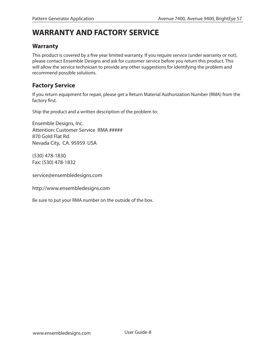 Warranty and factory service, Warranty, Factory service | Ensemble Designs BrightEye 57 3G/HD/SD/Analog Test Signal and Sync Pulse Generator User Manual | Page 8 / 8