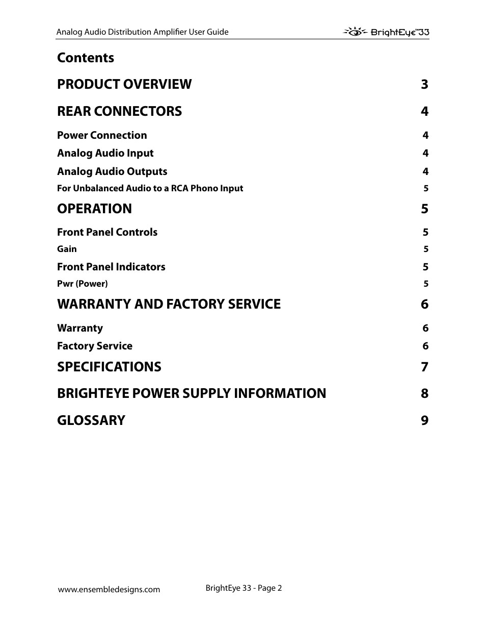 Contents product overview 3 rear connectors 4, Operation 5, Warranty and factory service 6 | Ensemble Designs BrightEye 33 Analog Audio Distribution Amplifier User Manual | Page 2 / 15